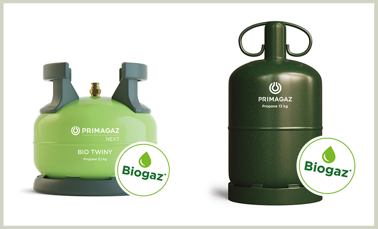 deux bouteilles de gaz primagaz contenant du biogaz : la bouteille verte propane et la bouteille verte twiny propane,