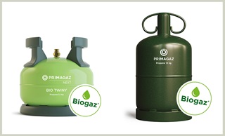deux bouteilles de gaz primagaz contenant du biogaz : la bouteille verte propane et la bouteille verte twiny propane,